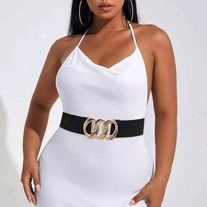 Women’s black big gold buckle wide corset elastic boho stretch waist belt